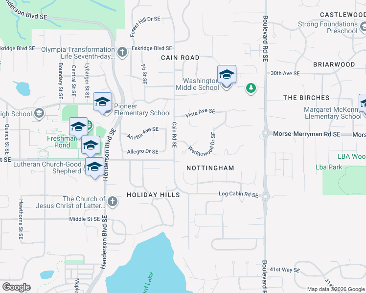 map of restaurants, bars, coffee shops, grocery stores, and more near 2123 Wedgewood Drive Southeast in Olympia