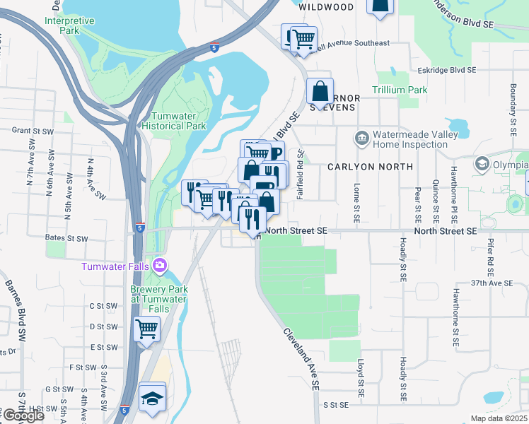 map of restaurants, bars, coffee shops, grocery stores, and more near 340 Cleveland Avenue Southeast in Tumwater