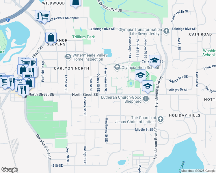 map of restaurants, bars, coffee shops, grocery stores, and more near 3302 Hawthorne Place Southeast in Tumwater