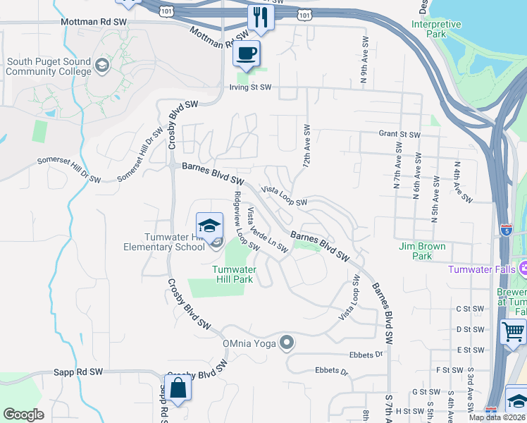 map of restaurants, bars, coffee shops, grocery stores, and more near 3070 Banks Lane Southwest in Tumwater