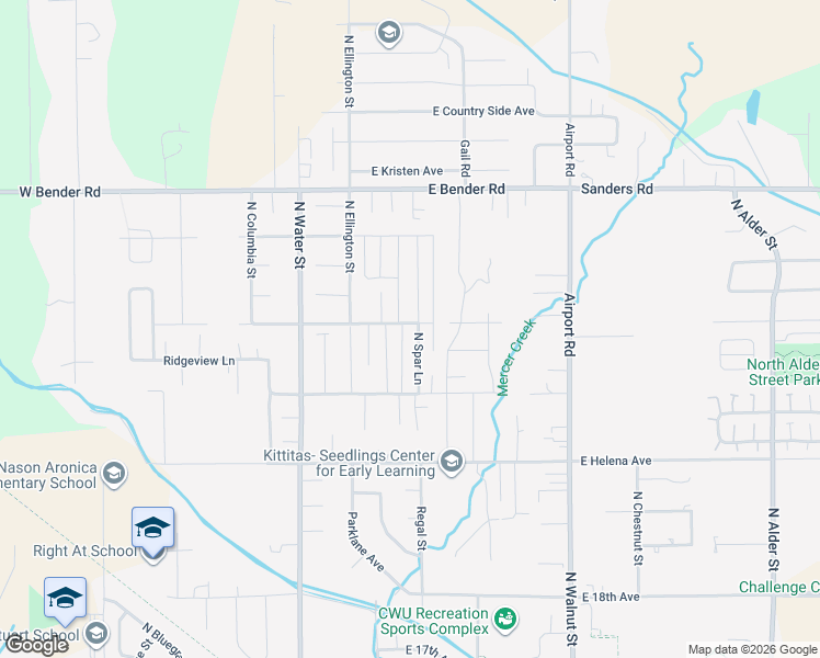map of restaurants, bars, coffee shops, grocery stores, and more near 2409 North Spar Lane in Ellensburg