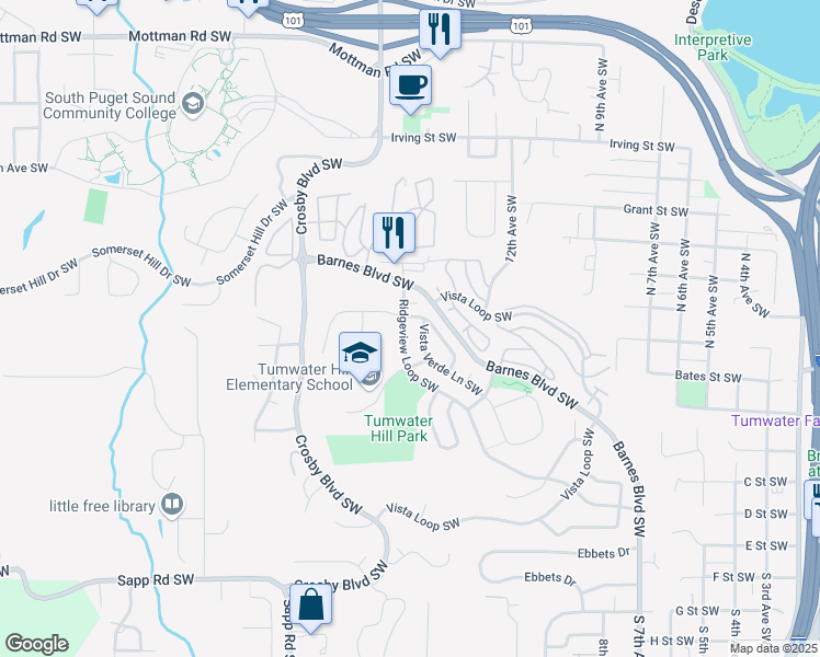 map of restaurants, bars, coffee shops, grocery stores, and more near 1978 Ridgeview Loop Southwest in Tumwater