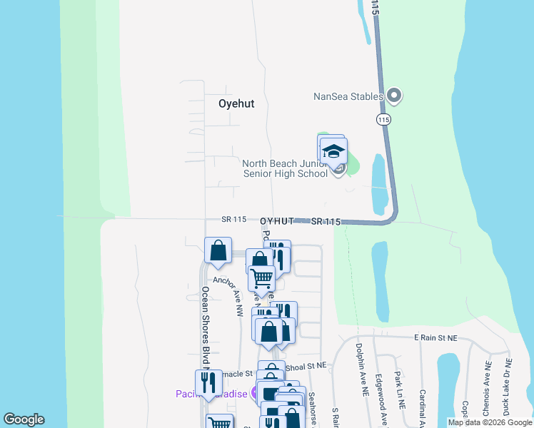 map of restaurants, bars, coffee shops, grocery stores, and more near 10 Oyehut Road in Hoquiam