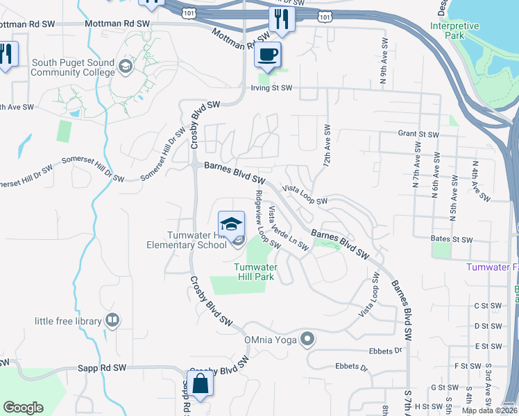 map of restaurants, bars, coffee shops, grocery stores, and more near 1978 Ridgeview Loop Southwest in Tumwater