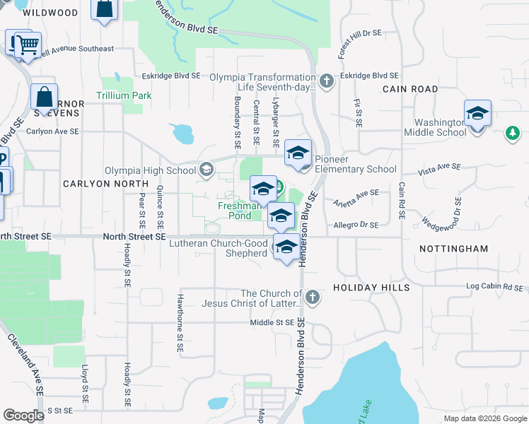 map of restaurants, bars, coffee shops, grocery stores, and more near 1302 North Street Southeast in Olympia