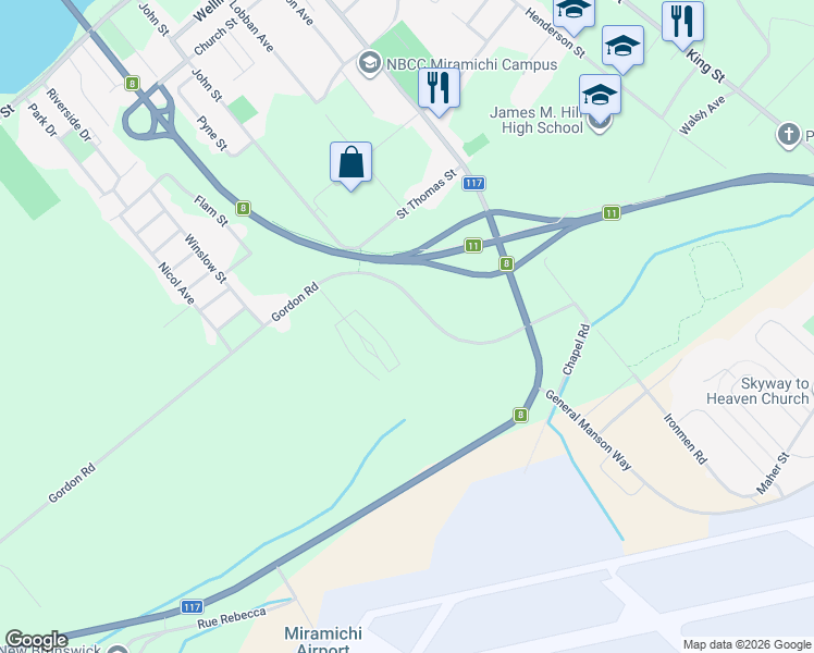 map of restaurants, bars, coffee shops, grocery stores, and more near 2 Gordon Road in Miramichi