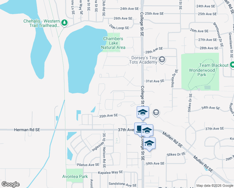 map of restaurants, bars, coffee shops, grocery stores, and more near 3301 College Street Southeast in Lacey