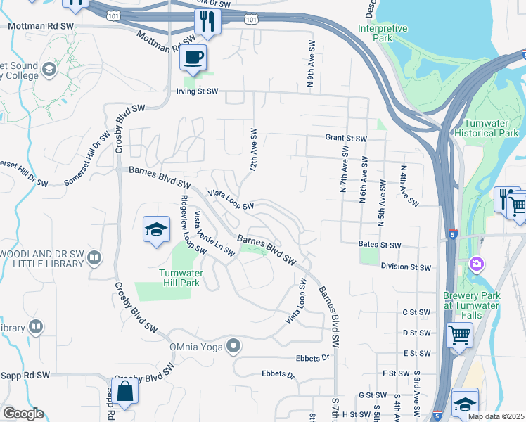 map of restaurants, bars, coffee shops, grocery stores, and more near 1650 Honeysuckle Lane Southwest in Tumwater