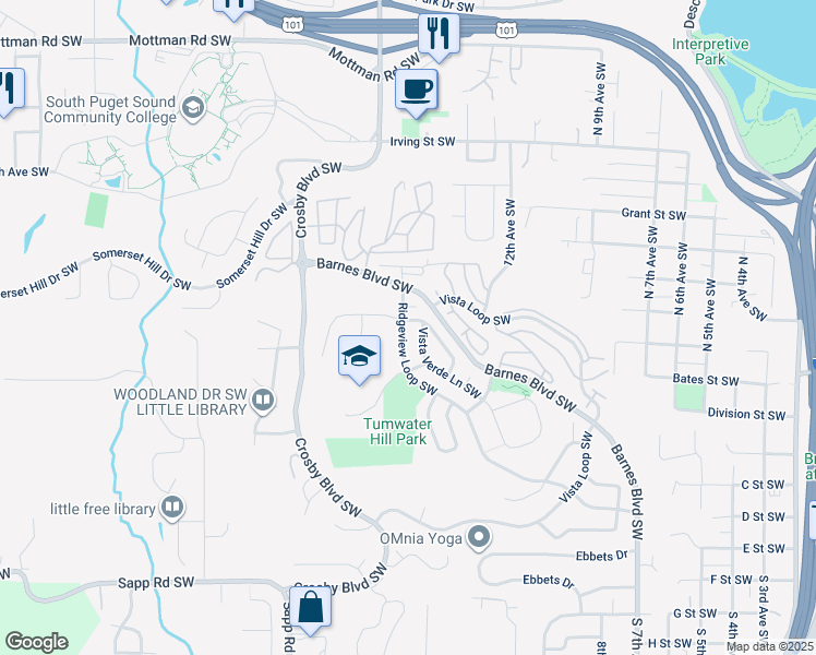 map of restaurants, bars, coffee shops, grocery stores, and more near 1978 Ridgeview Loop Southwest in Tumwater