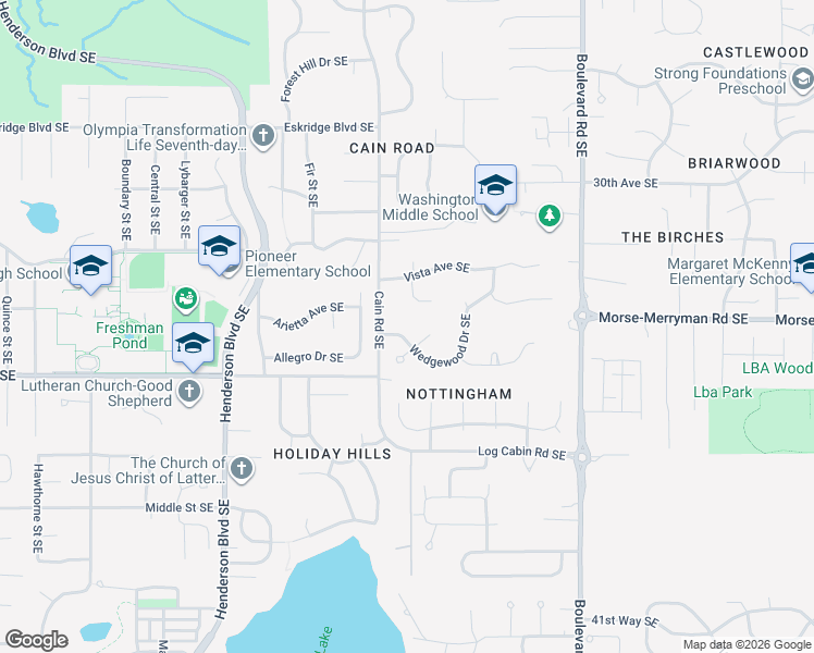 map of restaurants, bars, coffee shops, grocery stores, and more near 2123 Wedgewood Drive Southeast in Olympia