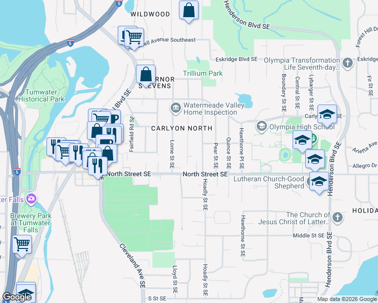 map of restaurants, bars, coffee shops, grocery stores, and more near 3325 Hoadly Street Southeast in Olympia