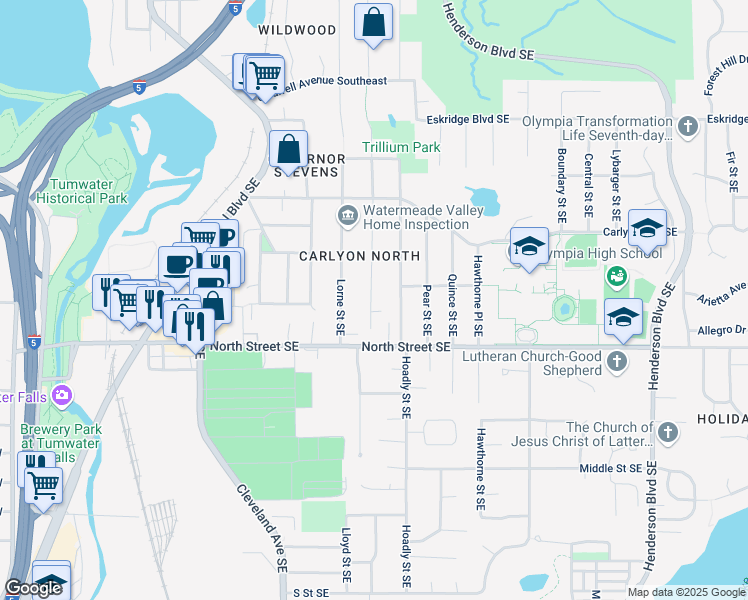 map of restaurants, bars, coffee shops, grocery stores, and more near 3325 Hoadly Street Southeast in Olympia