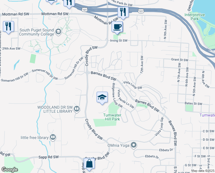 map of restaurants, bars, coffee shops, grocery stores, and more near 1978 Ridgeview Loop Southwest in Tumwater
