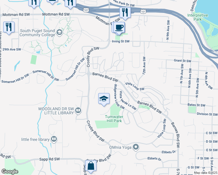 map of restaurants, bars, coffee shops, grocery stores, and more near 1978 Ridgeview Loop Southwest in Tumwater