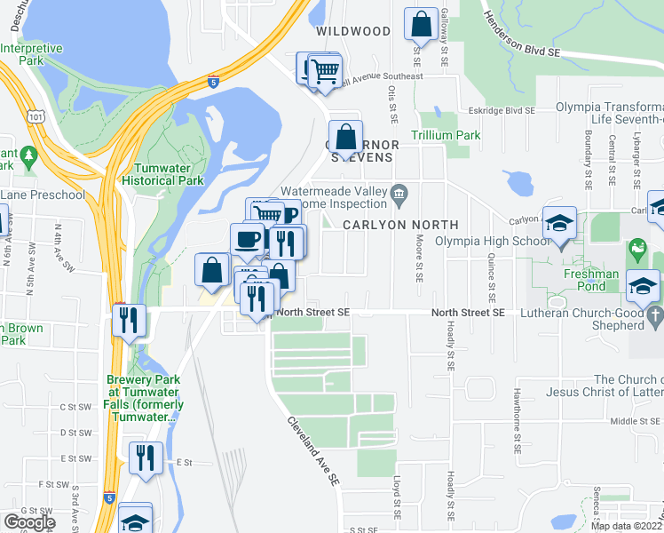 map of restaurants, bars, coffee shops, grocery stores, and more near 3305 Ogden Road Southeast in Tumwater