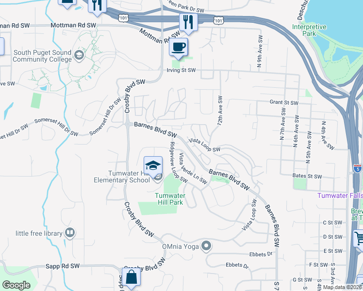 map of restaurants, bars, coffee shops, grocery stores, and more near 1992 Ridgeview Loop Southwest in Tumwater
