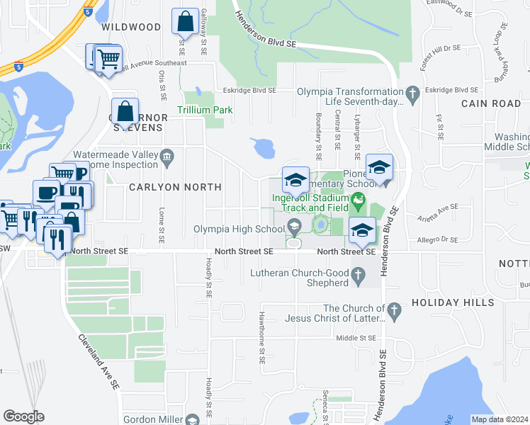 map of restaurants, bars, coffee shops, grocery stores, and more near 3302 Hawthorne Place Southeast in Tumwater