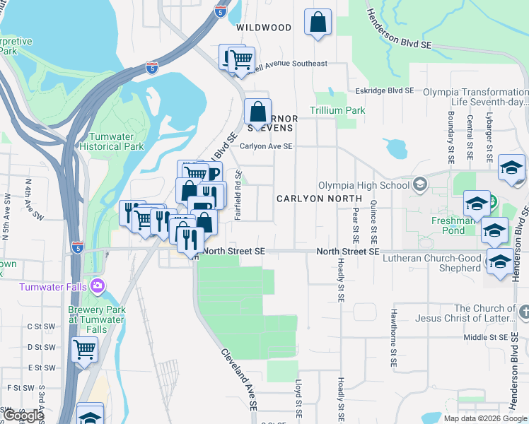 map of restaurants, bars, coffee shops, grocery stores, and more near 501 Blass Avenue Southeast in Tumwater