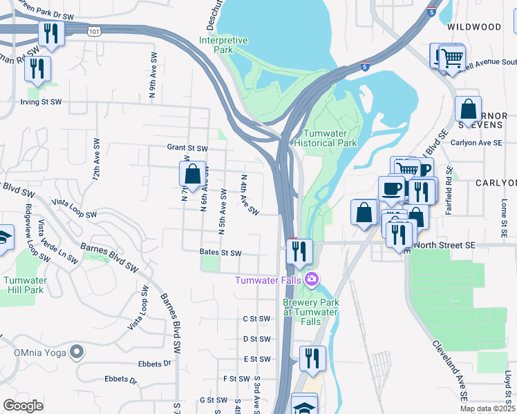 map of restaurants, bars, coffee shops, grocery stores, and more near 318 Clark Street Southwest in Tumwater