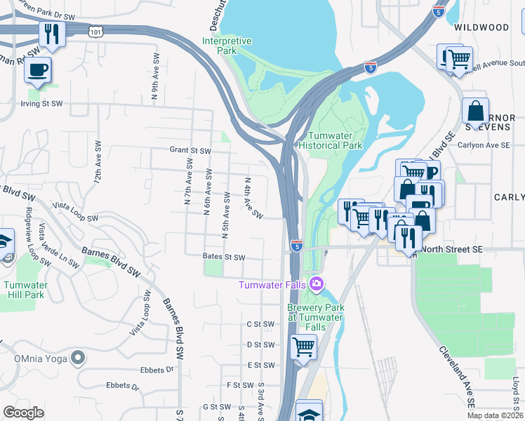 map of restaurants, bars, coffee shops, grocery stores, and more near 318 Clark Street Southwest in Tumwater
