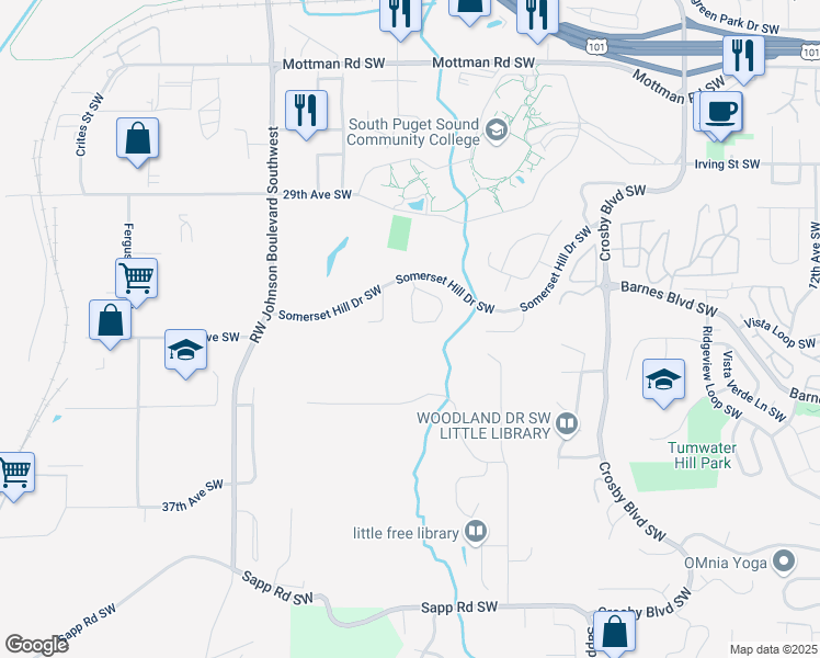 map of restaurants, bars, coffee shops, grocery stores, and more near 2429 Tyndell Circle Southwest in Tumwater