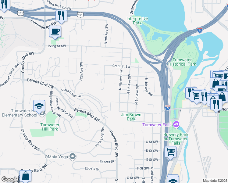map of restaurants, bars, coffee shops, grocery stores, and more near 425 North 7th Avenue Southwest in Tumwater