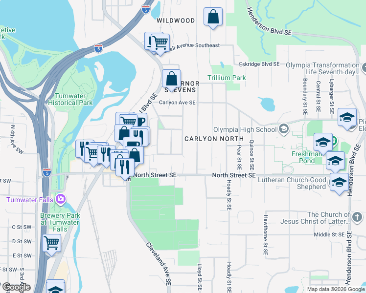 map of restaurants, bars, coffee shops, grocery stores, and more near 3210 Maringo Road Southeast in Olympia