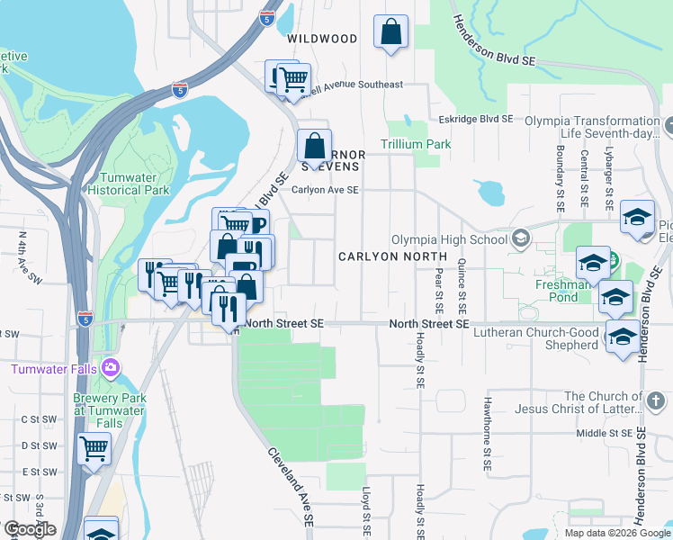 map of restaurants, bars, coffee shops, grocery stores, and more near 3210 Maringo Road Southeast in Olympia