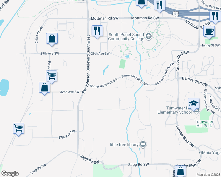 map of restaurants, bars, coffee shops, grocery stores, and more near 3221 Mayfair Drive Southwest in Tumwater