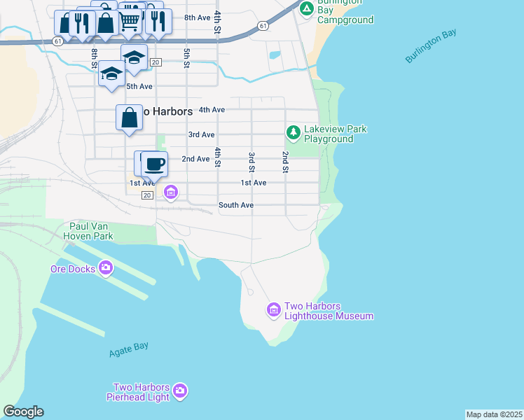 map of restaurants, bars, coffee shops, grocery stores, and more near 235 South Avenue in Two Harbors