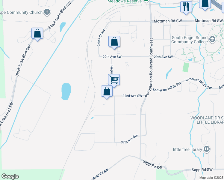 map of restaurants, bars, coffee shops, grocery stores, and more near Ferguson Street Southwest in Tumwater
