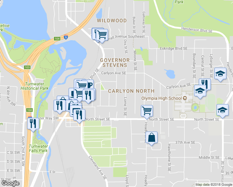map of restaurants, bars, coffee shops, grocery stores, and more near 3210 Maringo Road Southeast in Olympia