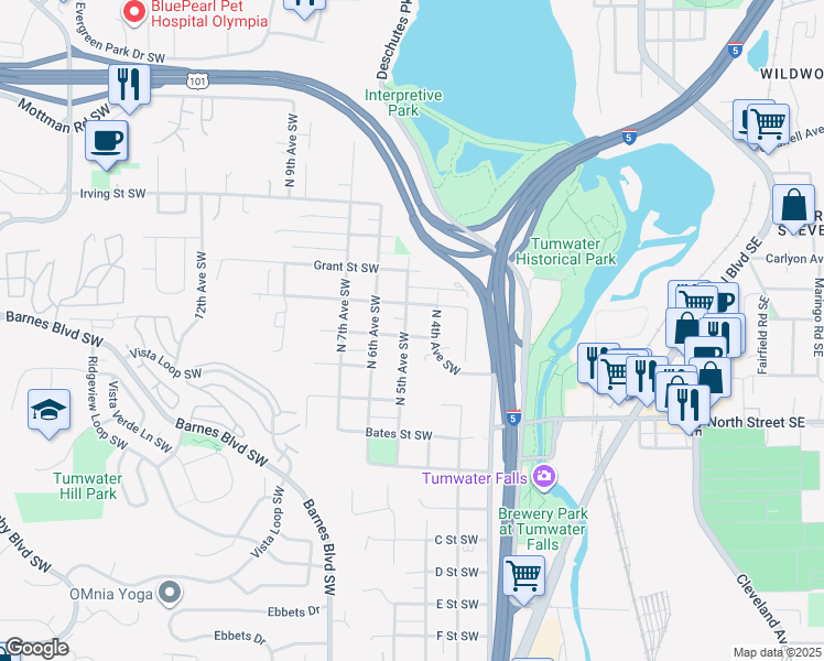 map of restaurants, bars, coffee shops, grocery stores, and more near 418 Emerson Street Southwest in Tumwater