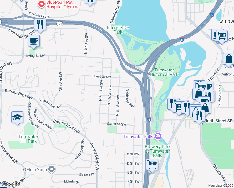 map of restaurants, bars, coffee shops, grocery stores, and more near 418 Emerson Street Southwest in Tumwater