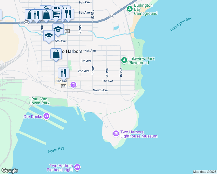 map of restaurants, bars, coffee shops, grocery stores, and more near 235 South Avenue in Two Harbors