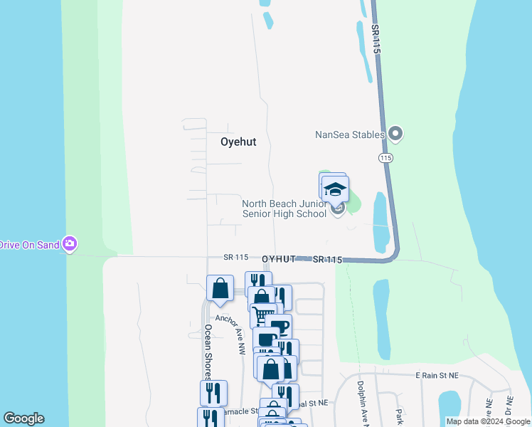 map of restaurants, bars, coffee shops, grocery stores, and more near 19 Oyehut Road in Hoquiam