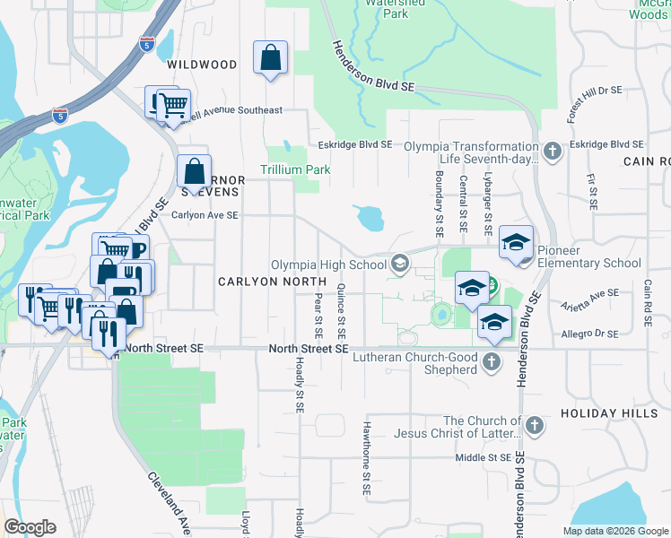 map of restaurants, bars, coffee shops, grocery stores, and more near 3203 Quince Street Southeast in Olympia
