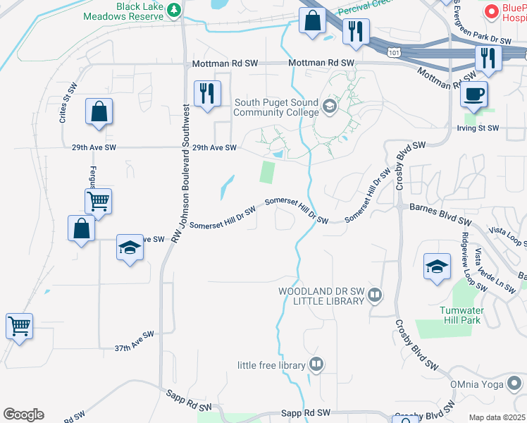 map of restaurants, bars, coffee shops, grocery stores, and more near 2439 Tyndell Circle Southwest in Tumwater