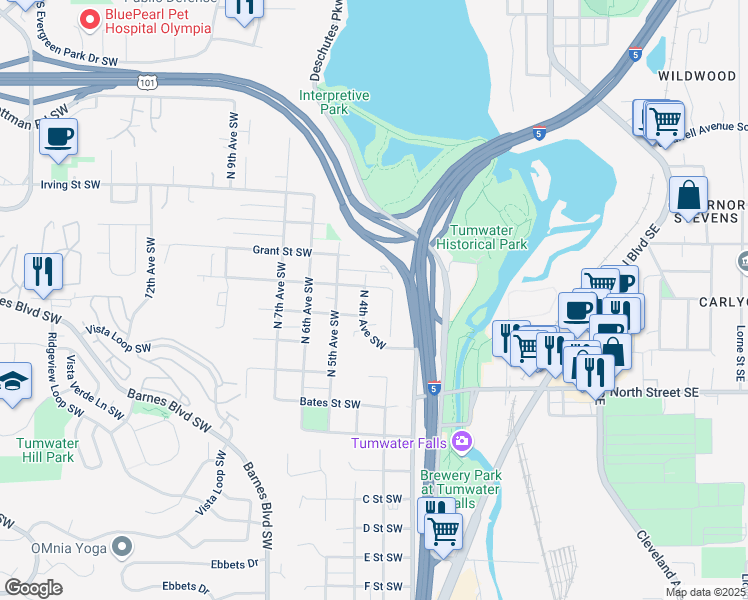 map of restaurants, bars, coffee shops, grocery stores, and more near 504 North 4th Avenue Southwest in Tumwater