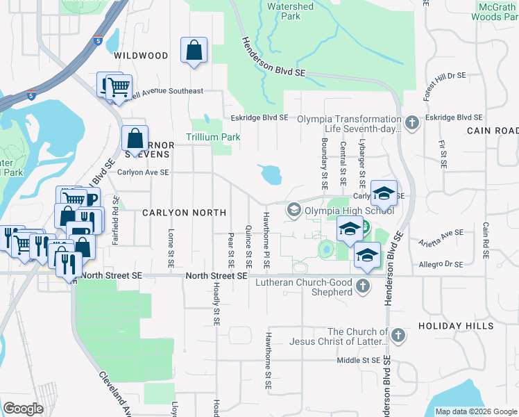 map of restaurants, bars, coffee shops, grocery stores, and more near 3204 Quince Street Southeast in Olympia