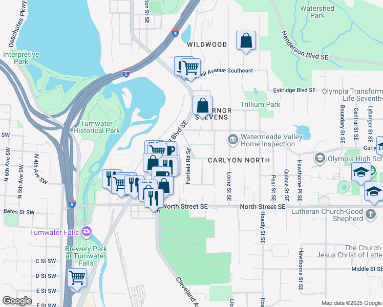map of restaurants, bars, coffee shops, grocery stores, and more near 3199 Sunset Way Southeast in Tumwater