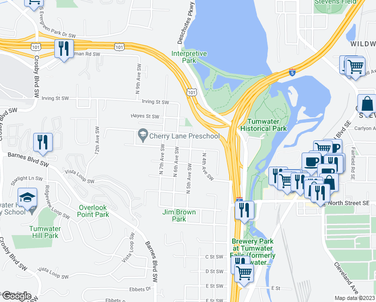 map of restaurants, bars, coffee shops, grocery stores, and more near 521 North 5th Avenue Southwest in Tumwater