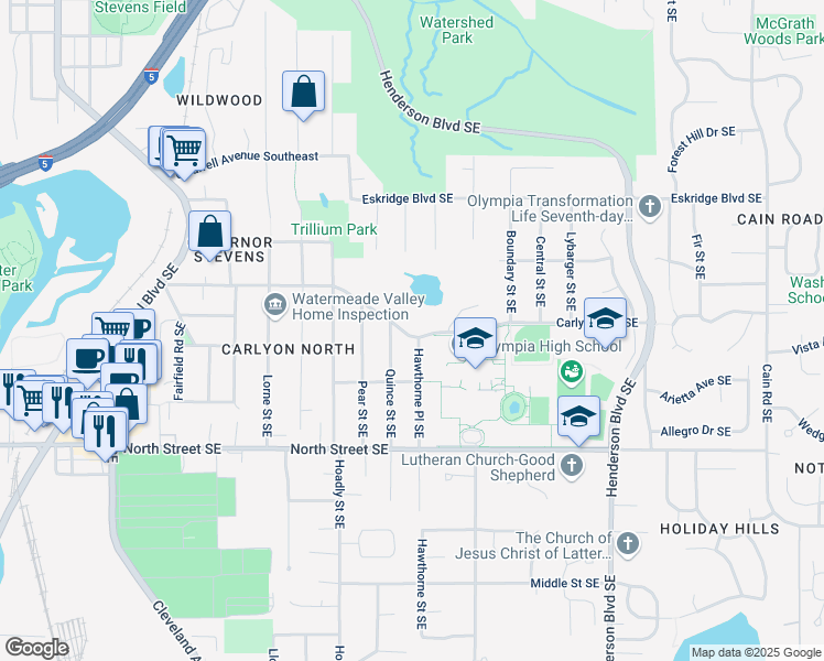 map of restaurants, bars, coffee shops, grocery stores, and more near 1100 Carlyon Avenue Southeast in Olympia