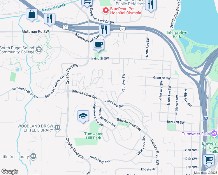 map of restaurants, bars, coffee shops, grocery stores, and more near 1271 Bay Loop Southwest in Tumwater