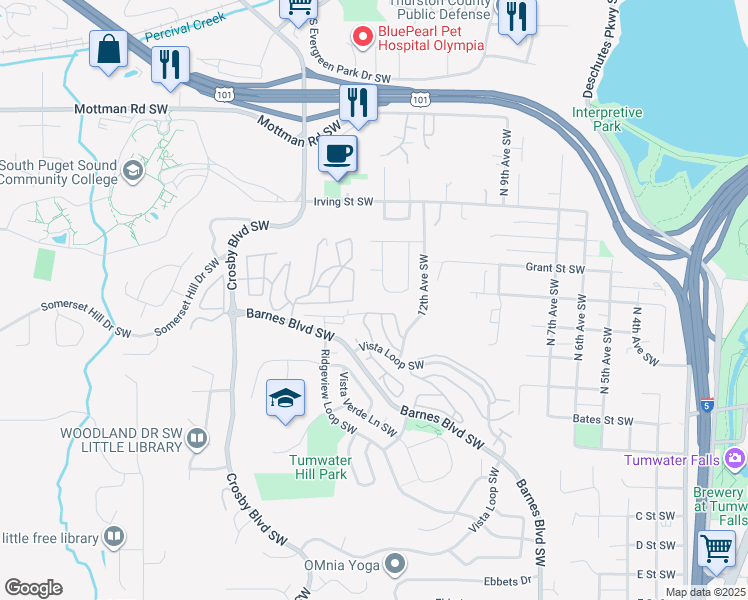 map of restaurants, bars, coffee shops, grocery stores, and more near 1271 Bay Loop Southwest in Tumwater
