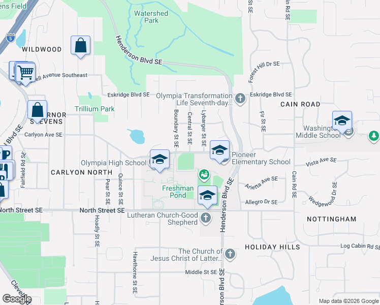 map of restaurants, bars, coffee shops, grocery stores, and more near 1499 Carlyon Avenue Southeast in Olympia