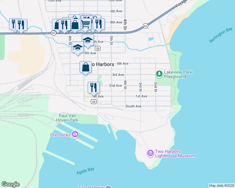 map of restaurants, bars, coffee shops, grocery stores, and more near 414 2nd Avenue in Two Harbors