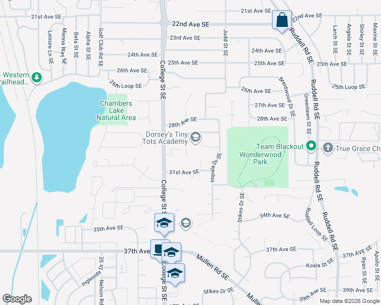 map of restaurants, bars, coffee shops, grocery stores, and more near 3008 Catalina Drive Southeast in Lacey