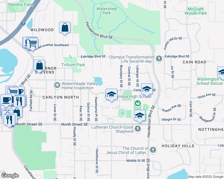 map of restaurants, bars, coffee shops, grocery stores, and more near 7 Hazard Lake Place Southeast in Olympia