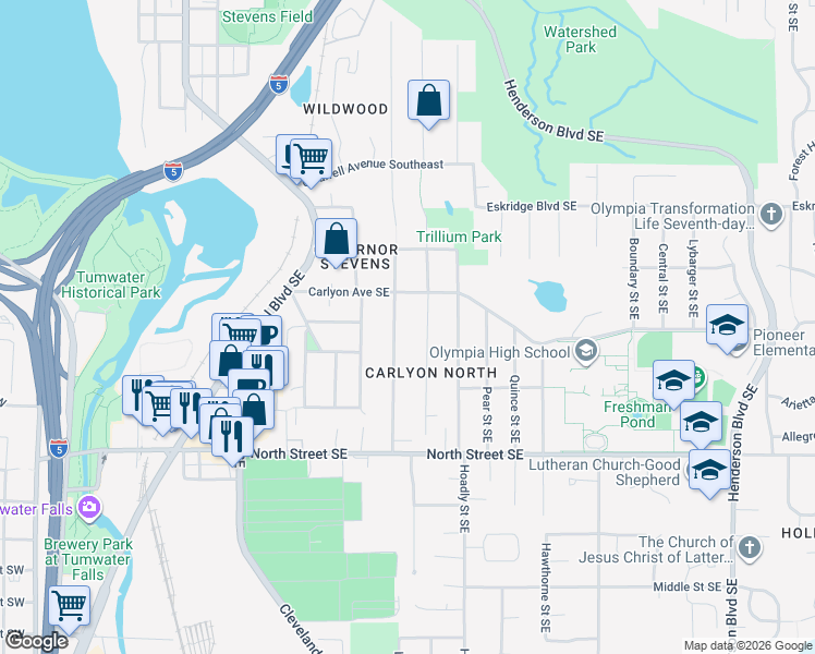 map of restaurants, bars, coffee shops, grocery stores, and more near 3117 Moore Street Southeast in Tumwater